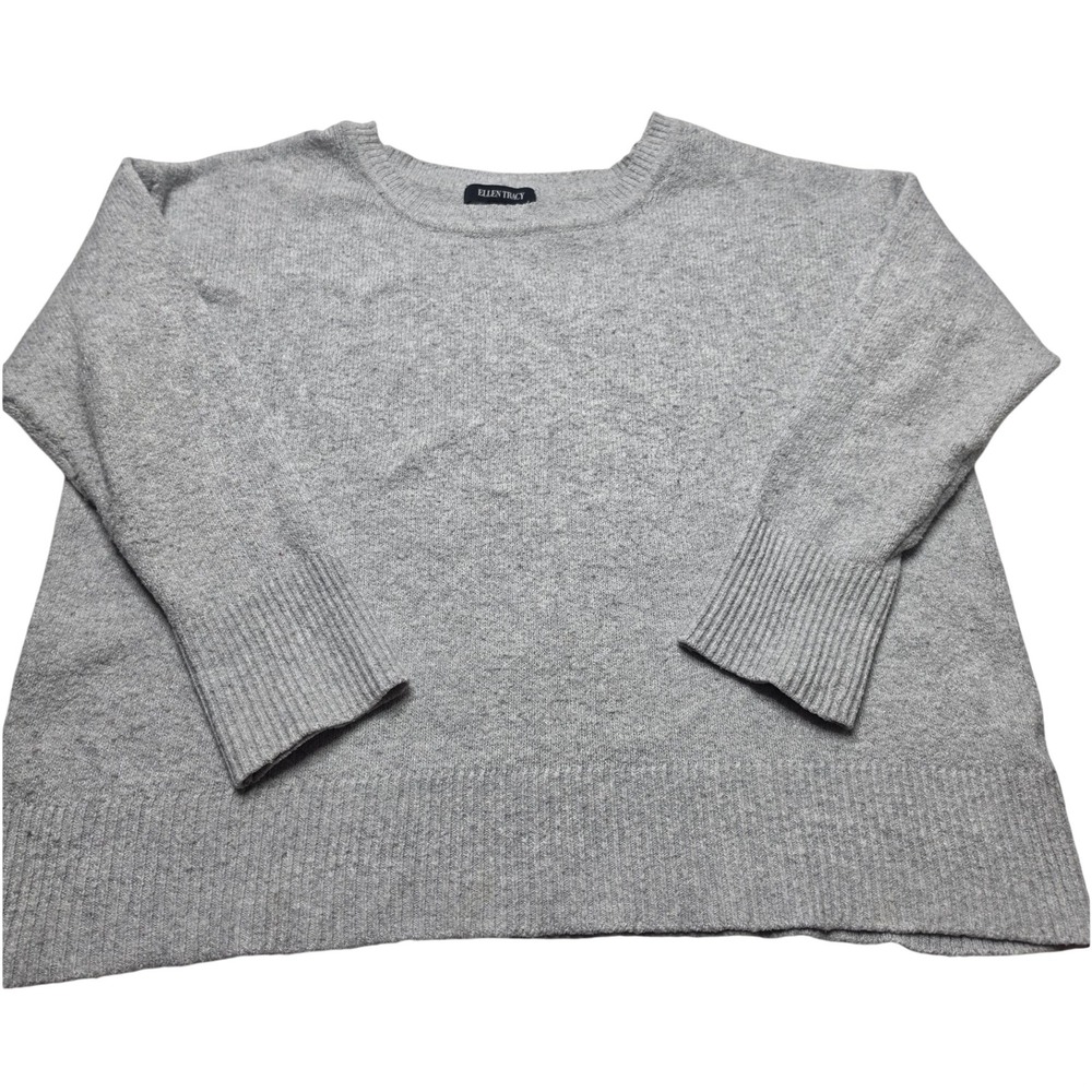 Ellen Tracy Women Stone Grey Heather Crew Neck Ribbed Cuff Knit Sweater Size L